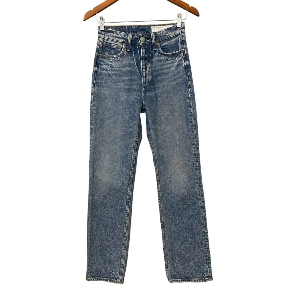 Rag & Bone Alex High Rise Straight Jean US 24 Mid Blue Wash Denim 100% Cotton